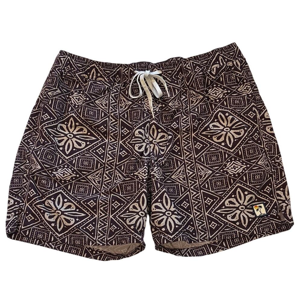 Marine Layer Hybrid Swim Shorts Trunks Mens Sz Large Brown Tiki Hawaiian Summer